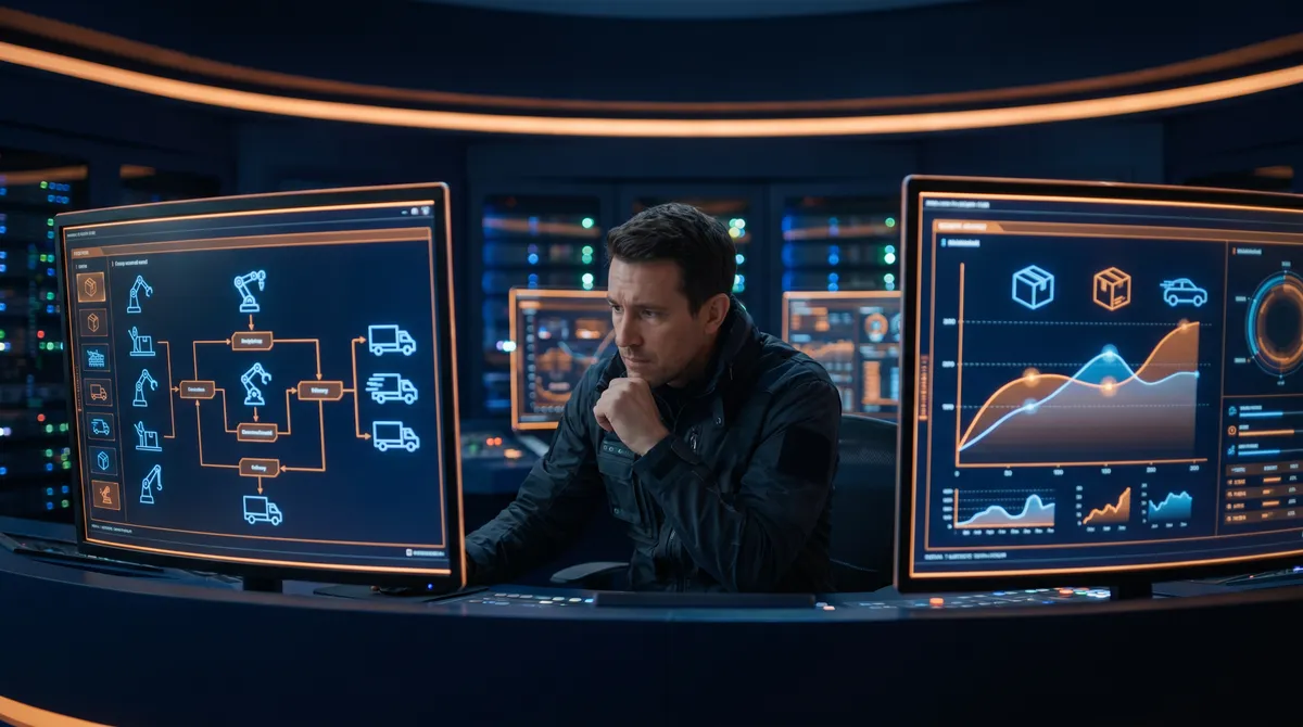 Logistik-Analyst vergleicht FBA- und FBM-Kostenmodelle an einem Steuerungs-Dashboard im Tech-Command-Center
