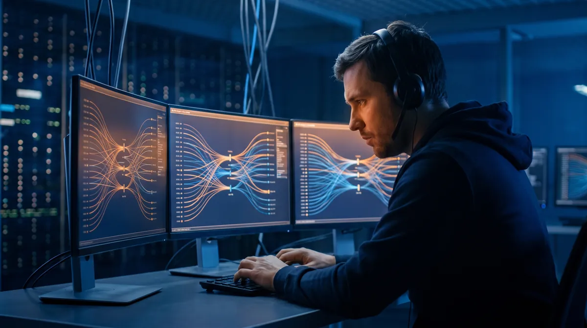 Daten-Analyst wertet Amazon Marketing Cloud Abfragen auf mehreren Monitoren in einem Tech-Kontrollraum aus