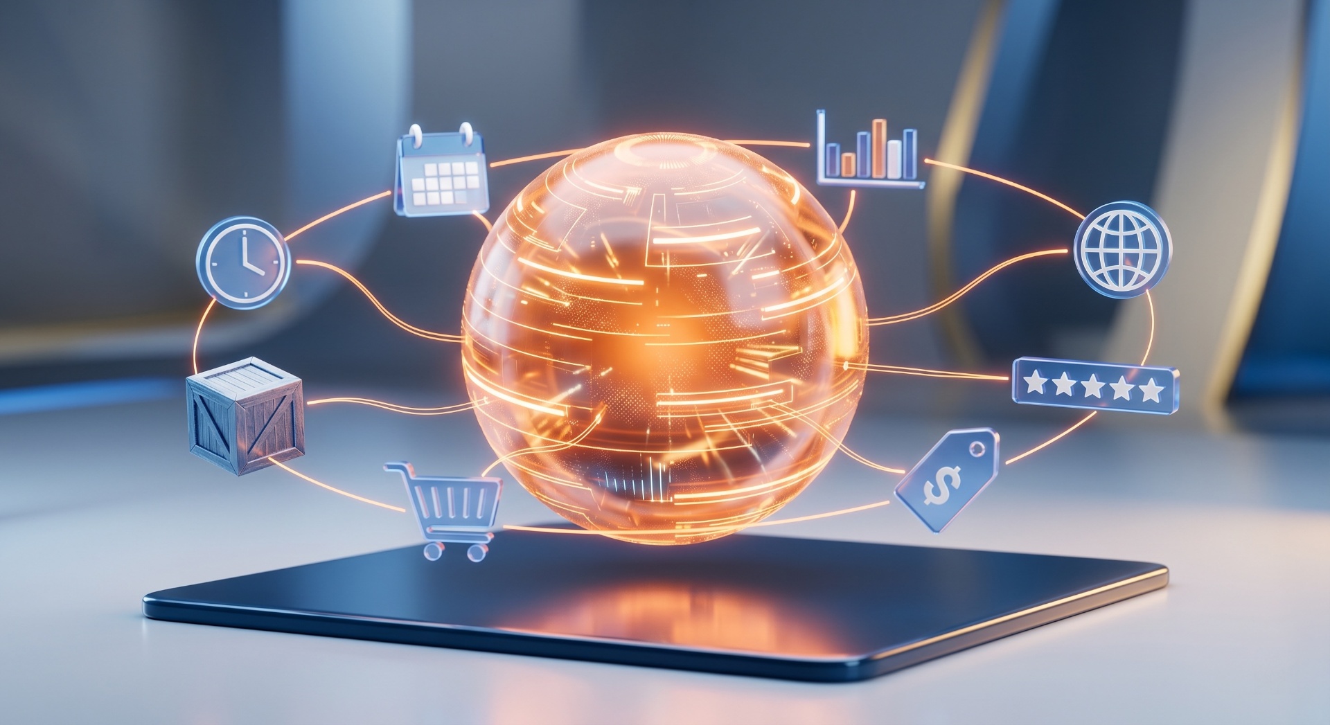 AI core with orbiting ad-format icons — predictive optimization