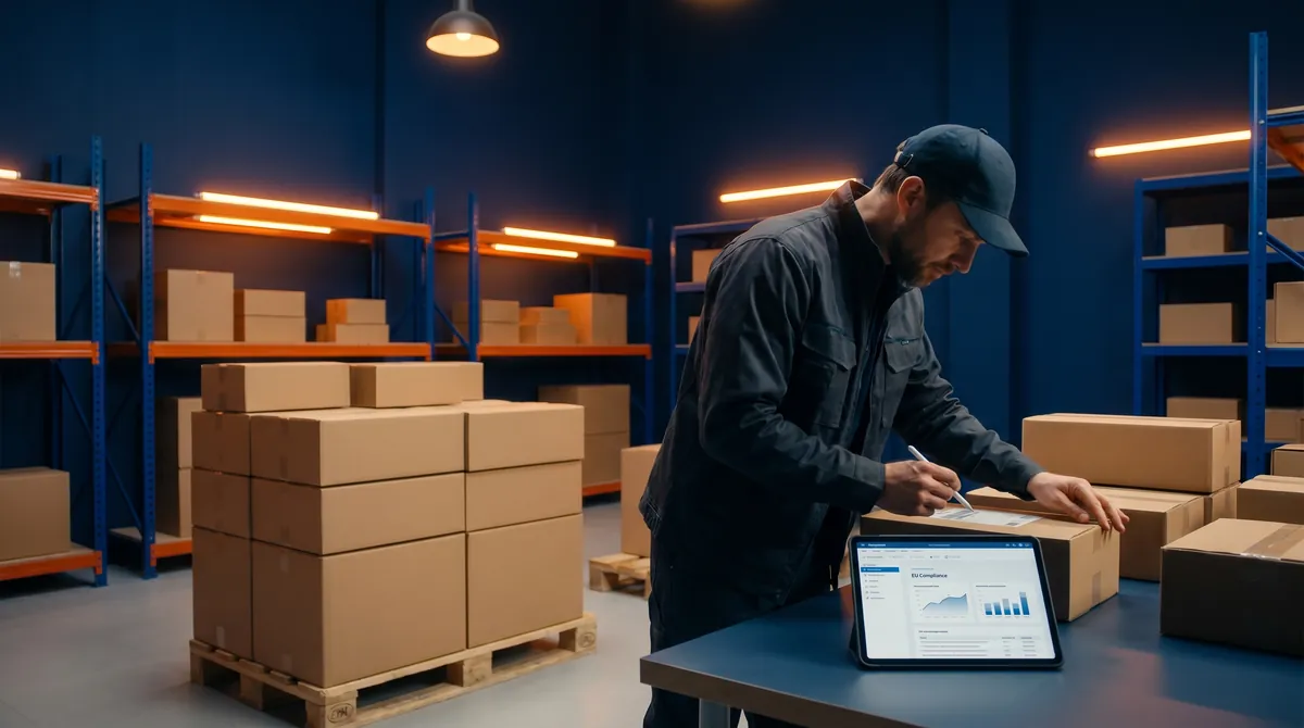 Händler organisiert Temu-Versandprozess und EU-Compliance-Dokumente in einem modernen Lager-Workspace