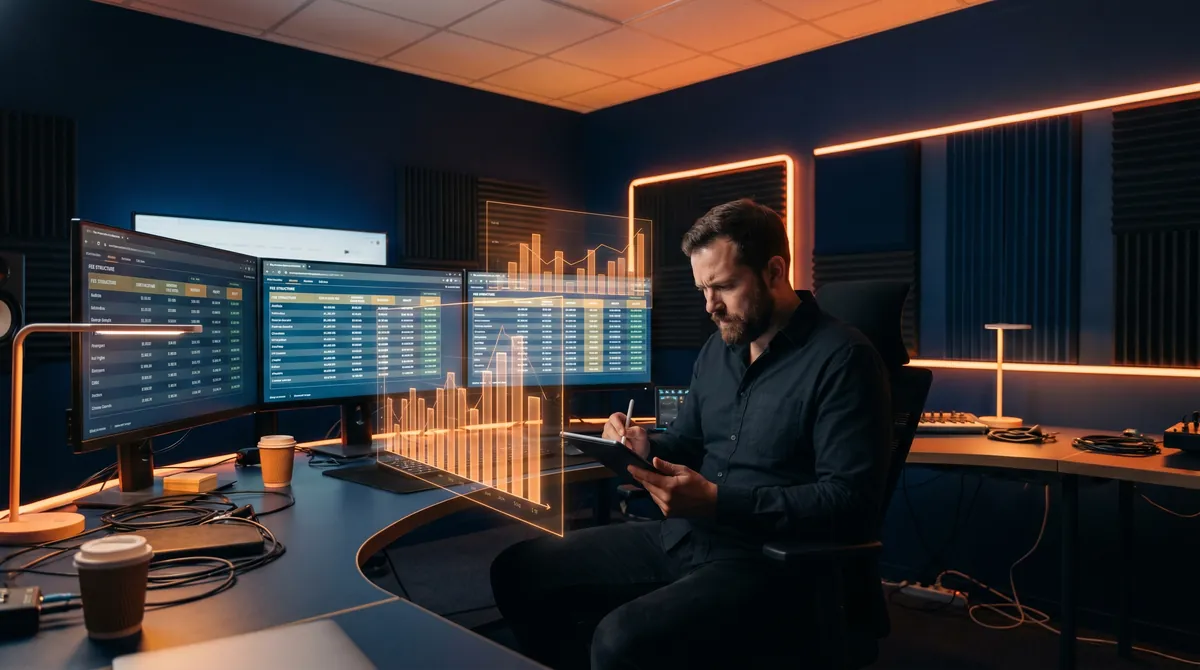 Analyst prüft eBay-Gebührenstruktur und Margen auf mehreren Monitoren im Tech-Workspace