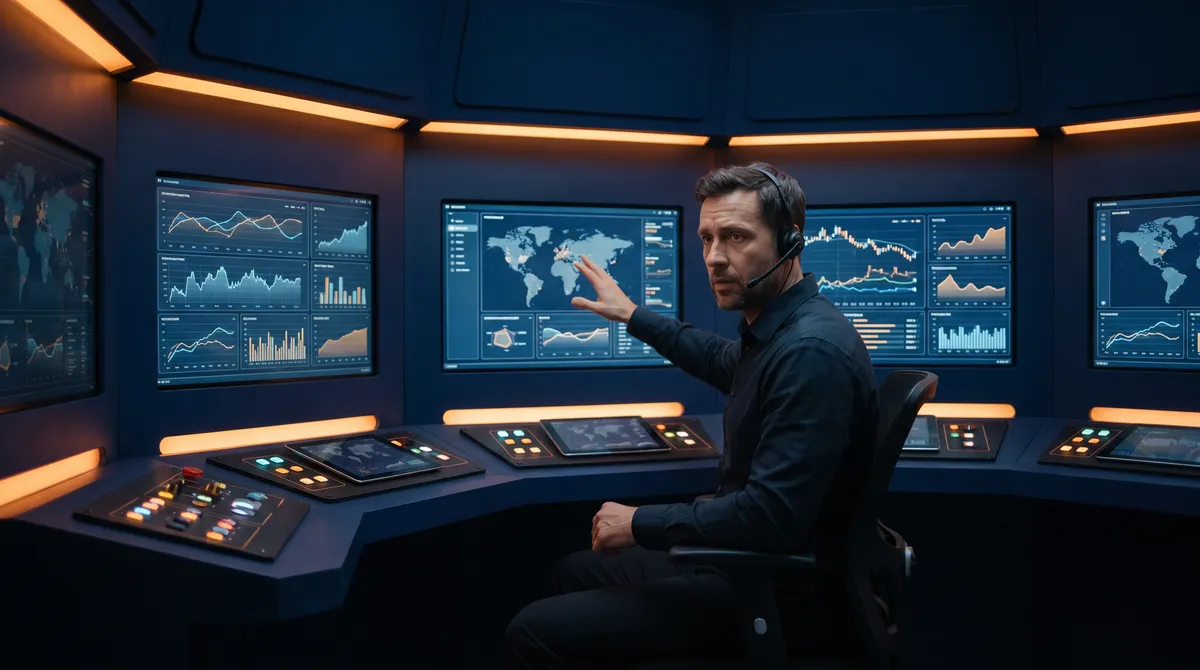 Bestandsmanager überwacht synchronisierte Lagerdaten mehrerer Marktplätze auf einem zentralen Dashboard im Tech-Command-Center