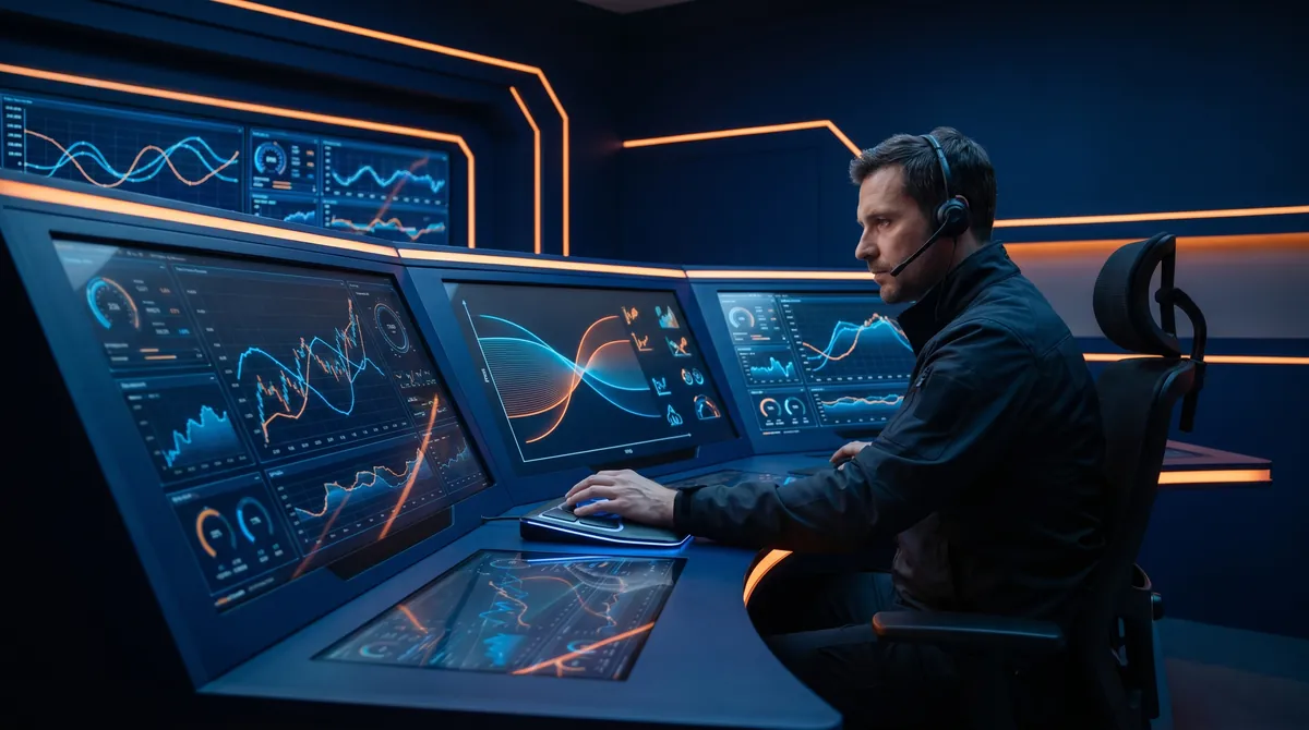 Preis-Engine steuert Artikel über mehrere Marktplätze auf einem Kontroll-Dashboard im Tech-Command-Center