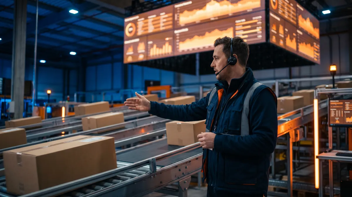Logistikleiter koordiniert Multichannel-Versand mit Förderbändern und Versandkartons, Bildschirme zeigen Lieferkennzahlen