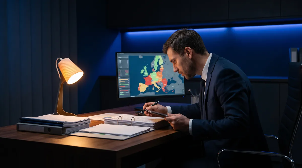 Steuerfachkraft prüft OSS-Meldungen und EU-Steuersätze an einem Arbeitsplatz mit Dokumenten und Bildschirmen