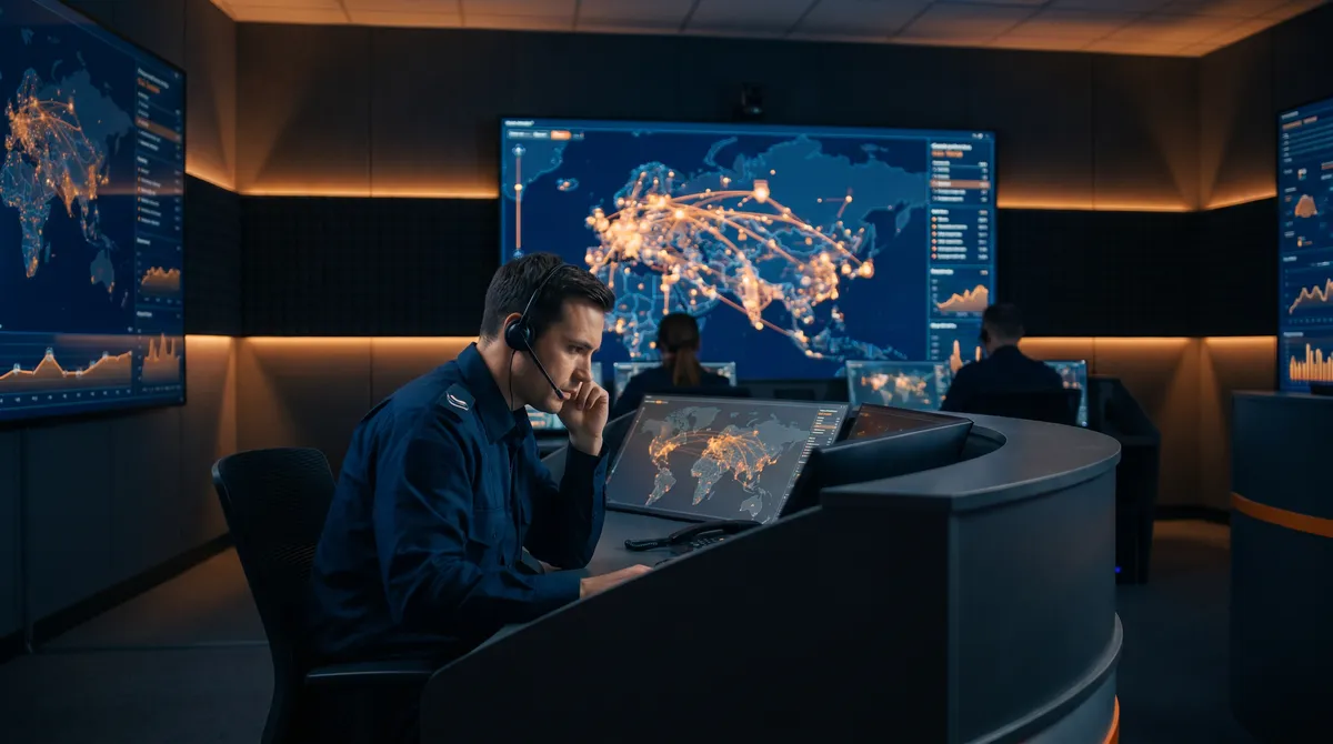 Logistik-Analyst überwacht Versandwege und Lieferzeiten eines Otto-Lagers an einem Steuerungs-Dashboard im Tech-Command-Center