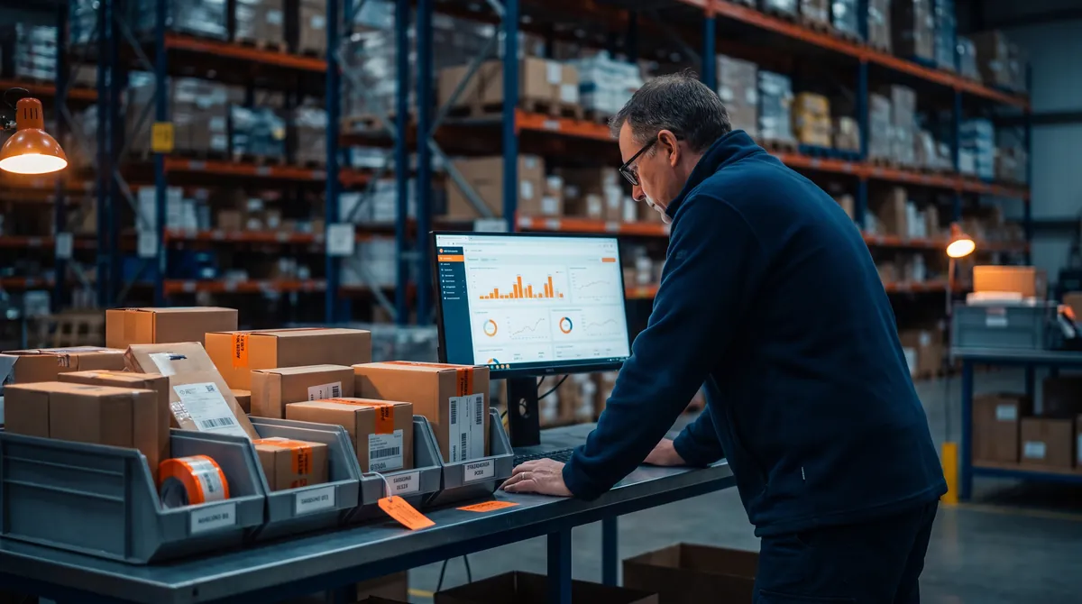 Qualitätsmanager analysiert OTTO-Retourengründe an einem Arbeitsplatz mit Produktdaten und Lager im Hintergrund