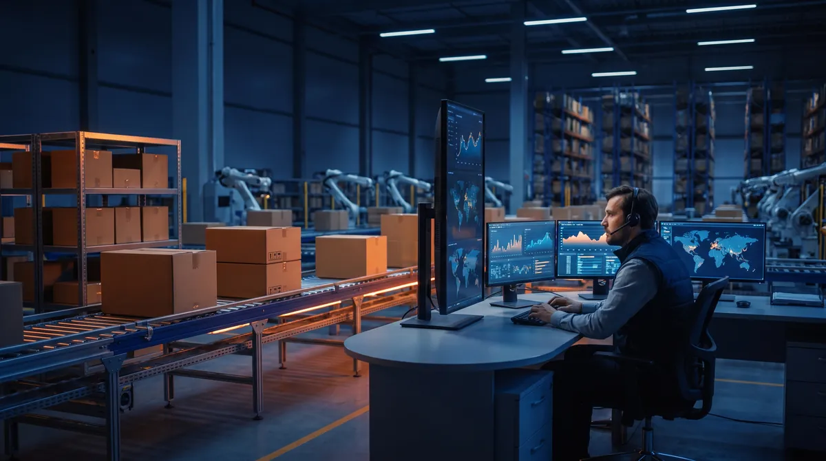 Logistikzentrum mit Förderbändern und Versandkartons, Operations-Analyst überwacht Temu-Fulfillment-Kennzahlen auf Bildschirmen