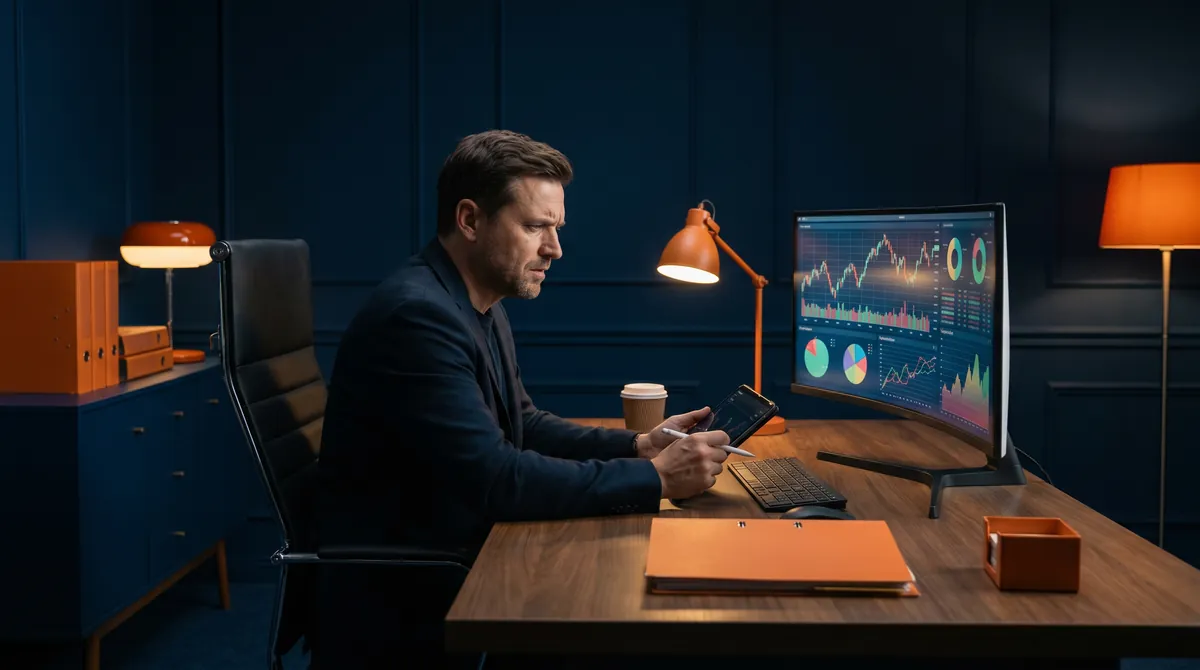 Controller analysiert Temu-Margen und Kommissionsstruktur auf einem Finanz-Dashboard im Executive-Workspace