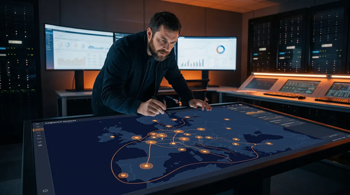 Logistik-Analyst plant lokales Lagernetz und Versandwege auf einer digitalen Europakarte im Tech-Command-Center