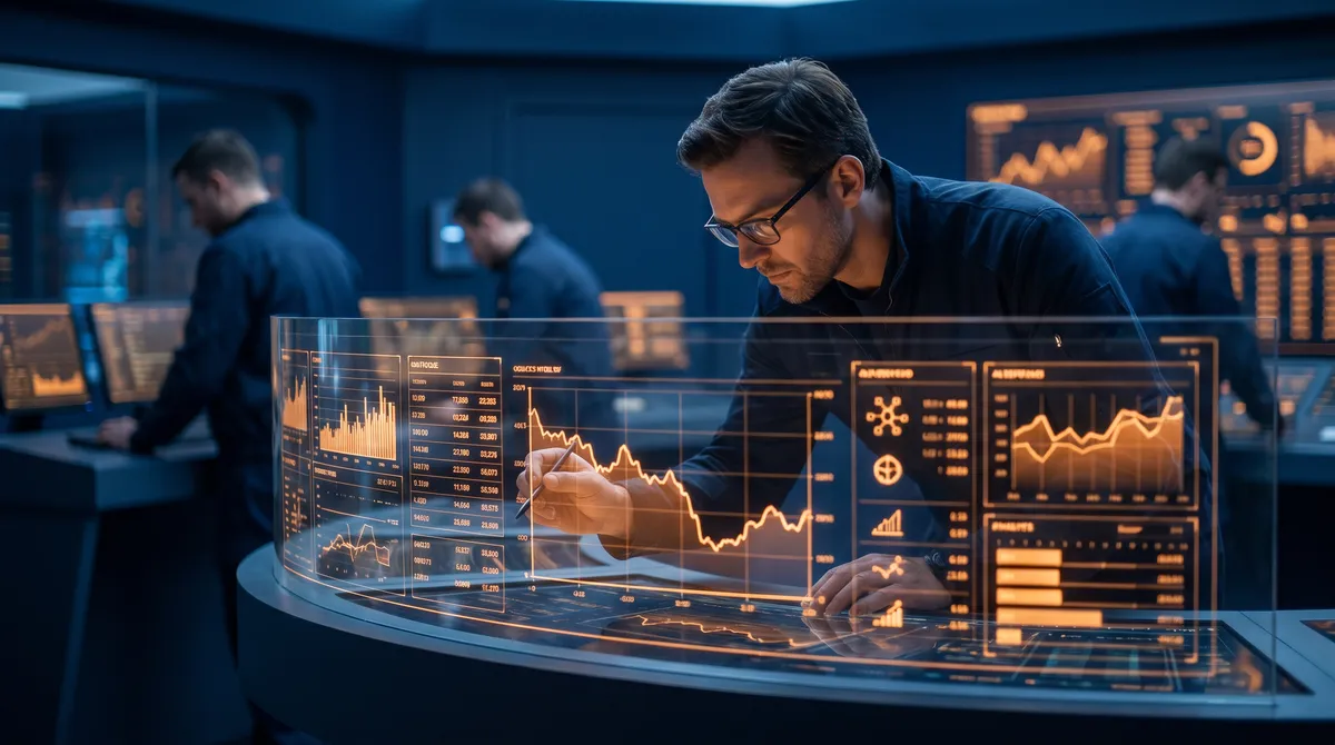 Werbemanager kalkuliert Temu-ROAS und Margen an einem Dashboard im modernen Tech-Command-Center